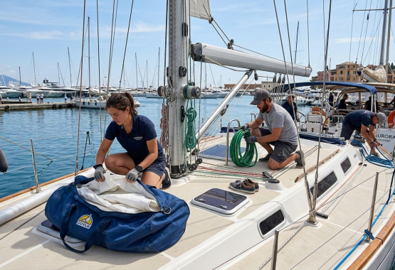 Экипаж проверяет палубу и убирает вещи с носа к корме