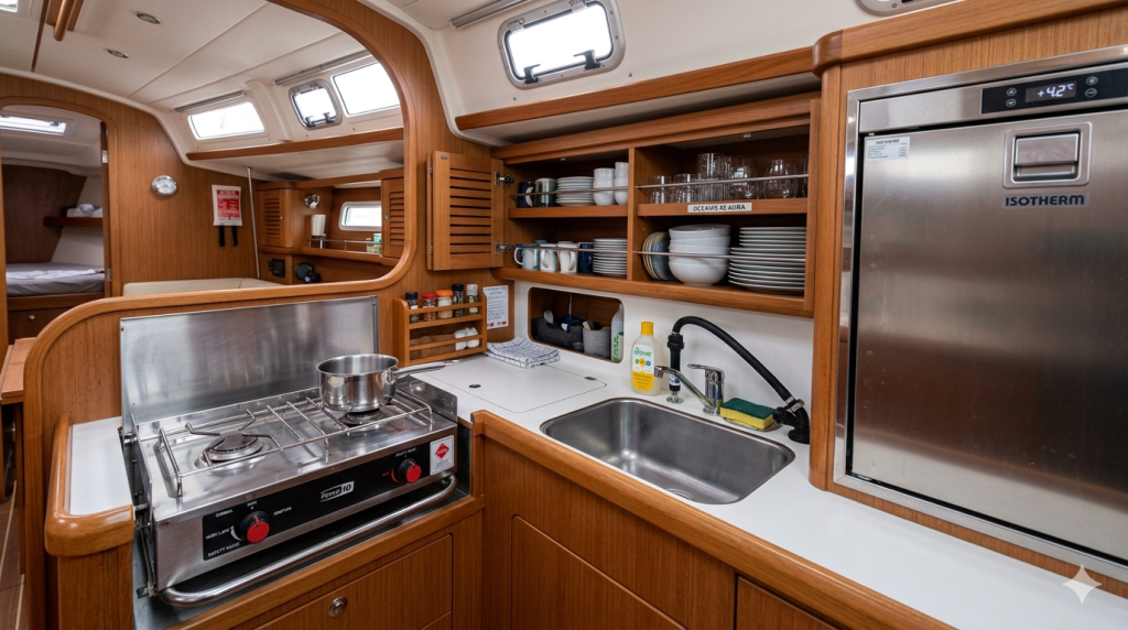 Осмотр камбуза и системы водоснабжения в яхте