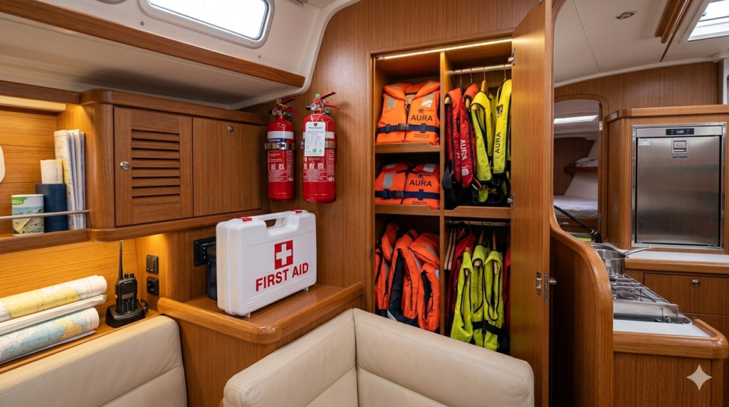 Огнетушители и спасжилеты в салоне яхты