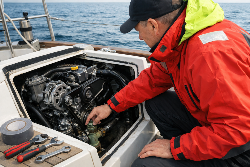 Капитан проверяет двигатель и кингстоны на палубе яхты