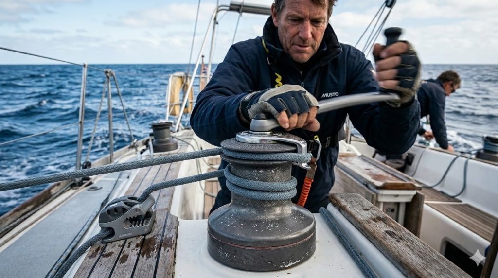 Работа с лебёдкой: наложение шлагов и вращение рукояти