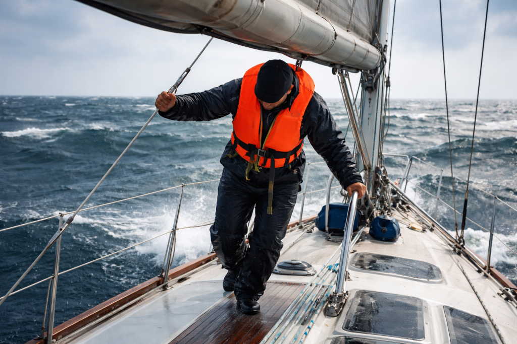 Член экипажа идёт по палубе в жилете, держась за леер