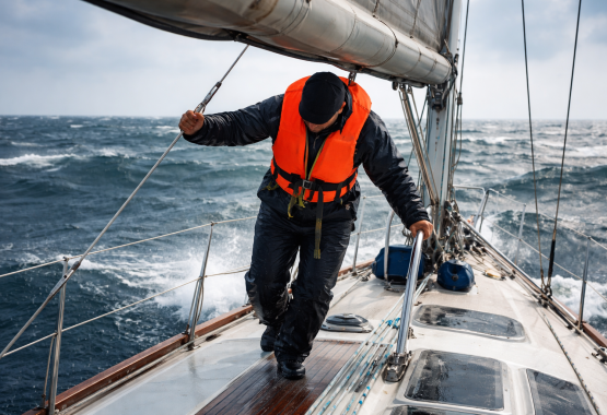 Член экипажа идёт по палубе в жилете, держась за леер