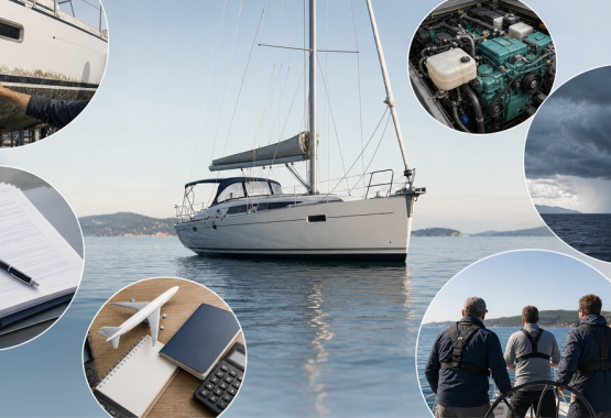 Схематичная композиция с яхтой, погодой, оборудованием, страховкой и распределением ответственности