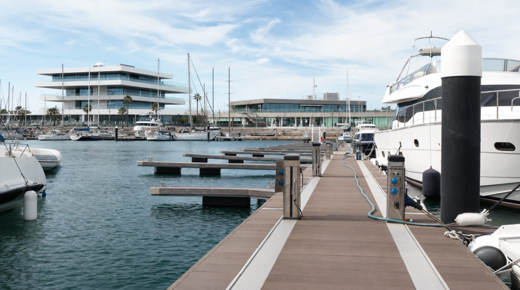 Плавучий пирс Valencia Yacht Port с боковыми finger-понтонами, электрическими щитками и шлангом для воды