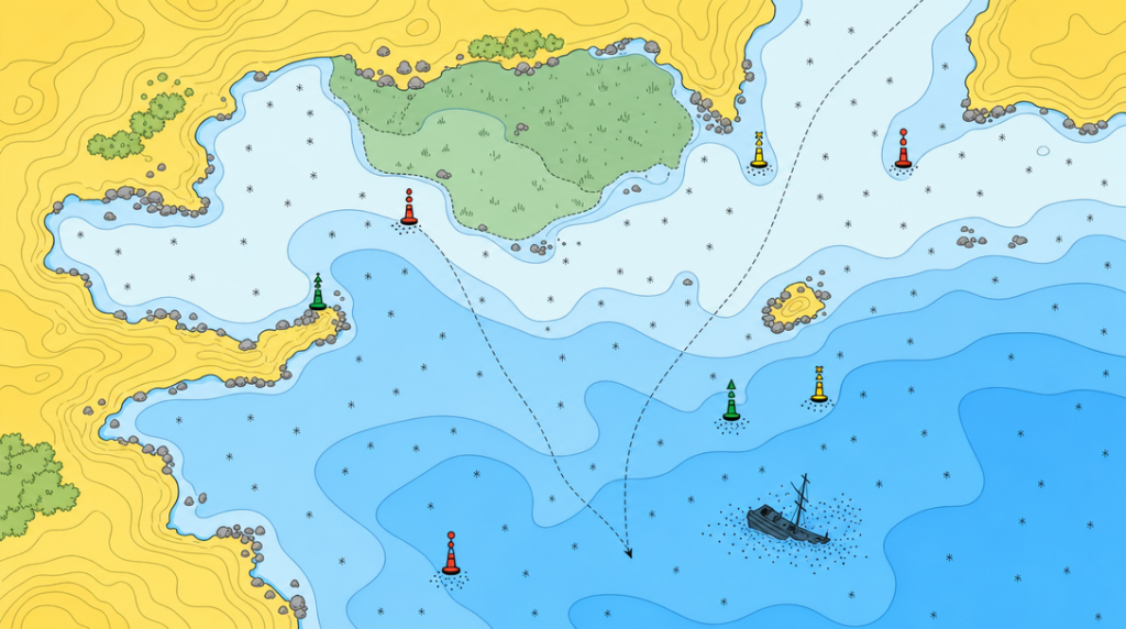 Схематичный участок морской карты с жёлтой сушей, зелёной осушкой, синими водными зонами и знаком затонувшего объекта