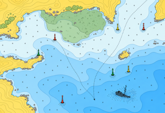 Схематичный участок морской карты с жёлтой сушей, зелёной осушкой, синими водными зонами и знаком затонувшего объекта